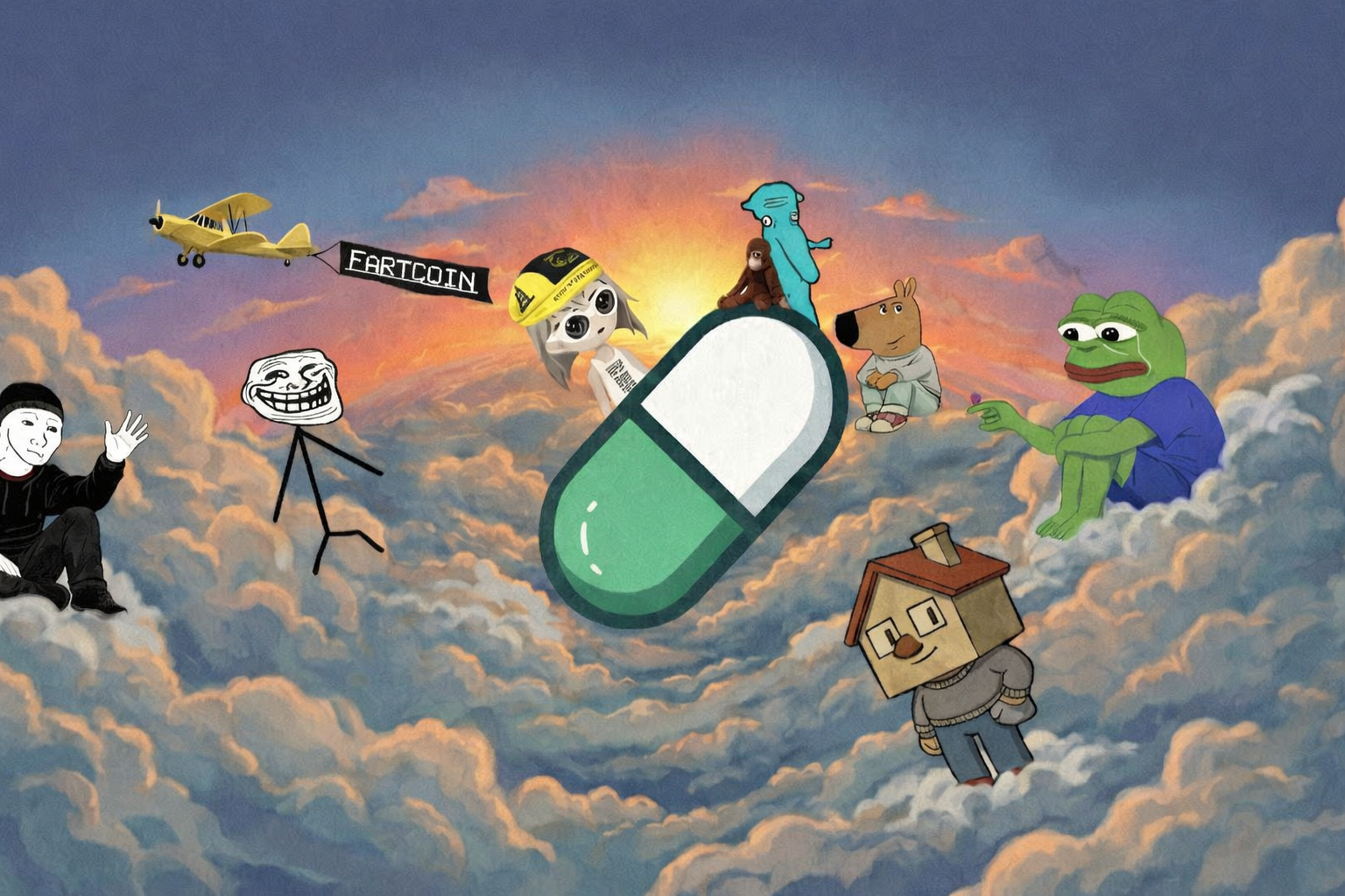 Internet culture memes floating in sunset clouds